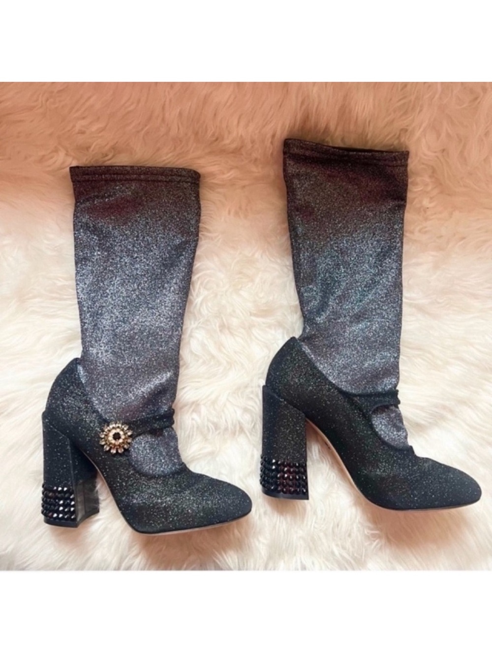Dolce & Gabbana Crystal Mary Jane Glitter Sock Boots in Black Grey 105mm - Picture 5 of 11